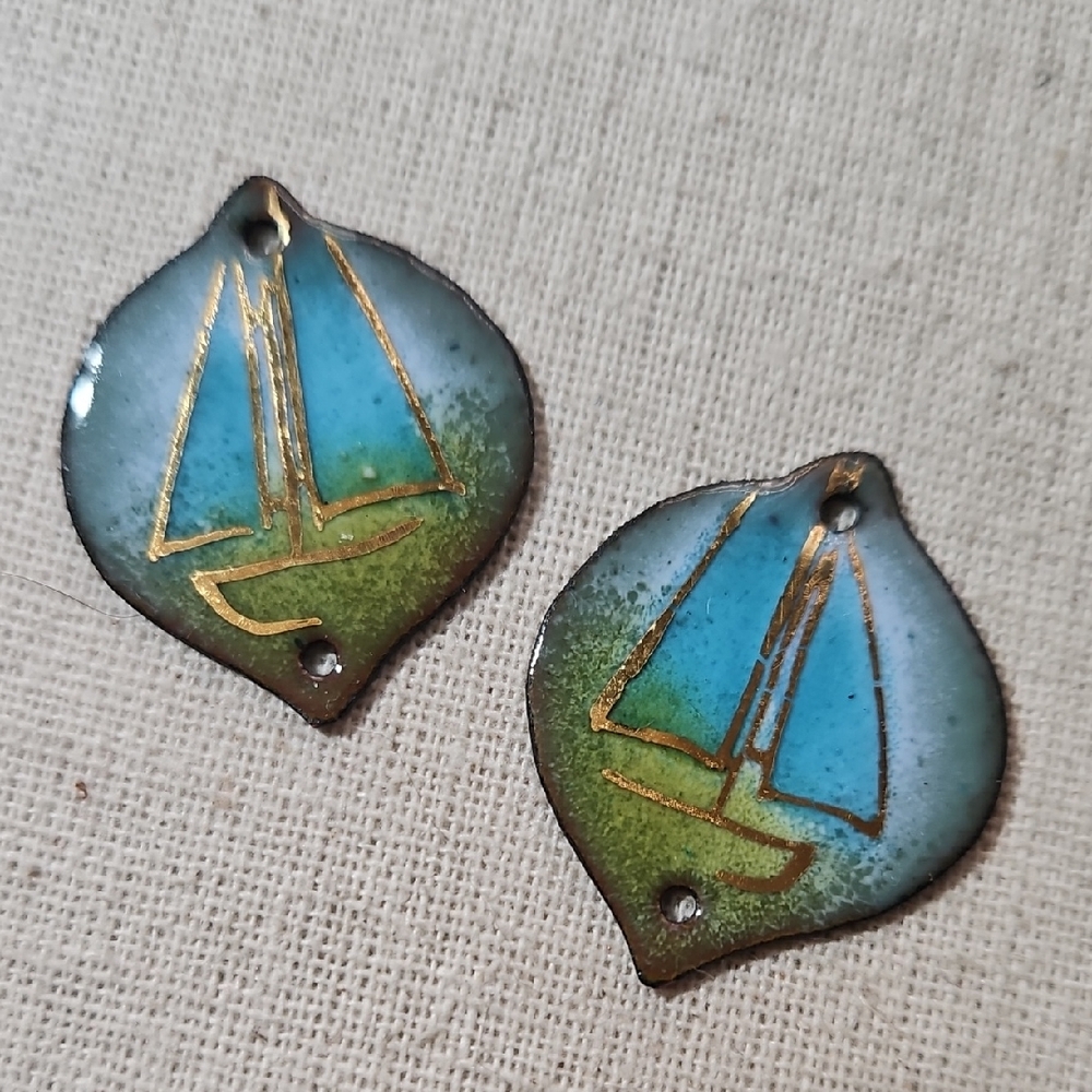 Sailboat Enamel Copper Earring Charms Real Gold Enamel 2 Hole Connectors